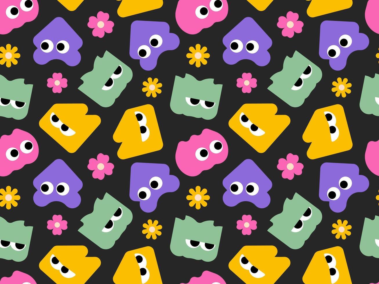 Seamless pattern featuring cute colorful abstract blob monsters and flowers on dark background for kids fabric vector