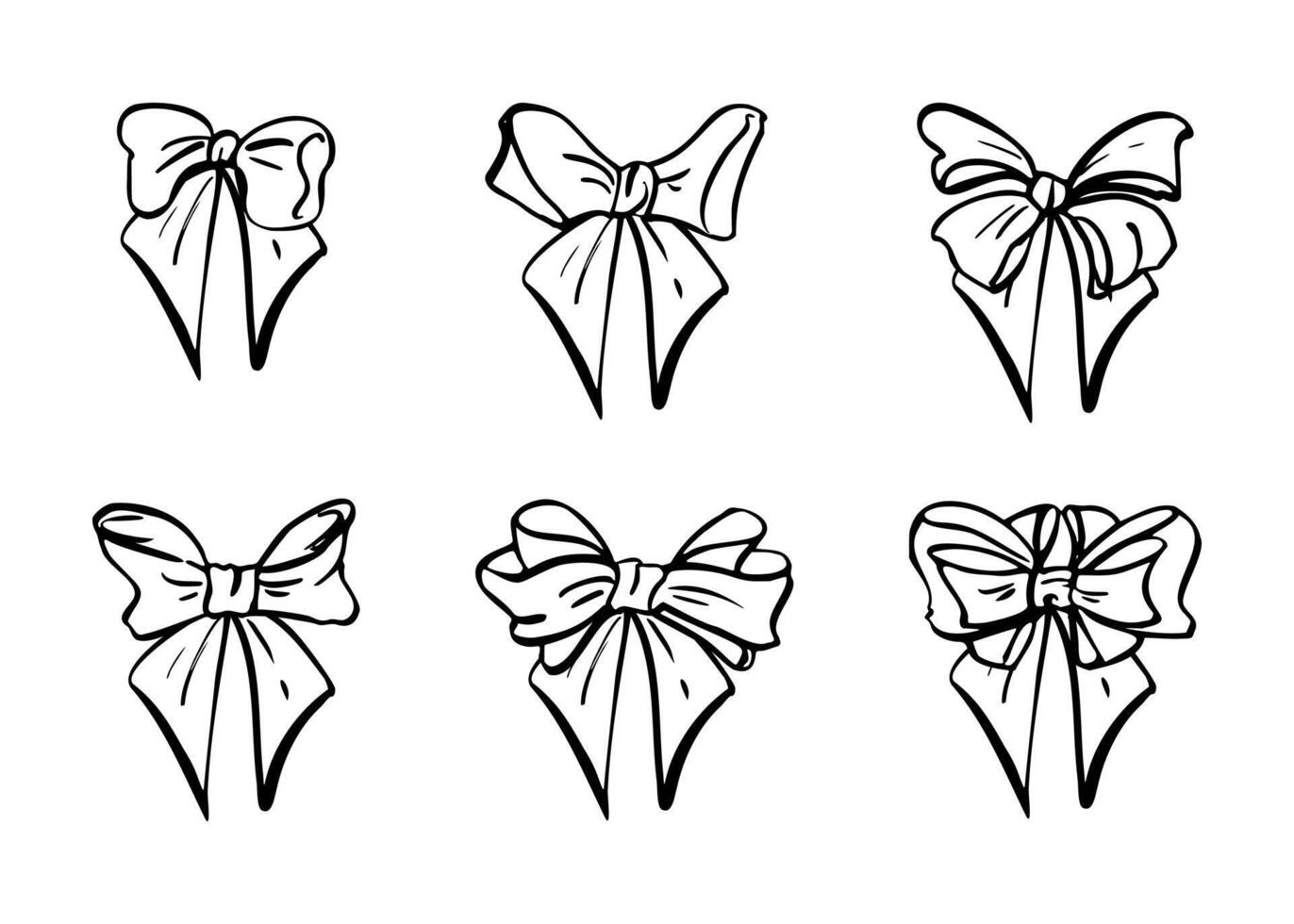 hand drawn ink set of decorative bows with different knot shapes and loop styles, diagonal cut tails. Simple and elegant design isolated for versatile use in print, branding, packaging design. vector