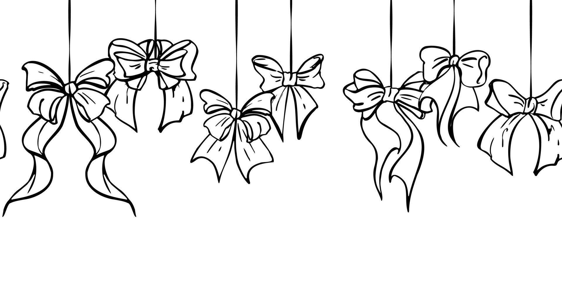 Cute bows and tied ribbons with elegant curving tails hanging on strings repeating in romantic line ornament. Hand drawn ink seamless banner. Wrapping header, festive border, printable decor. vector