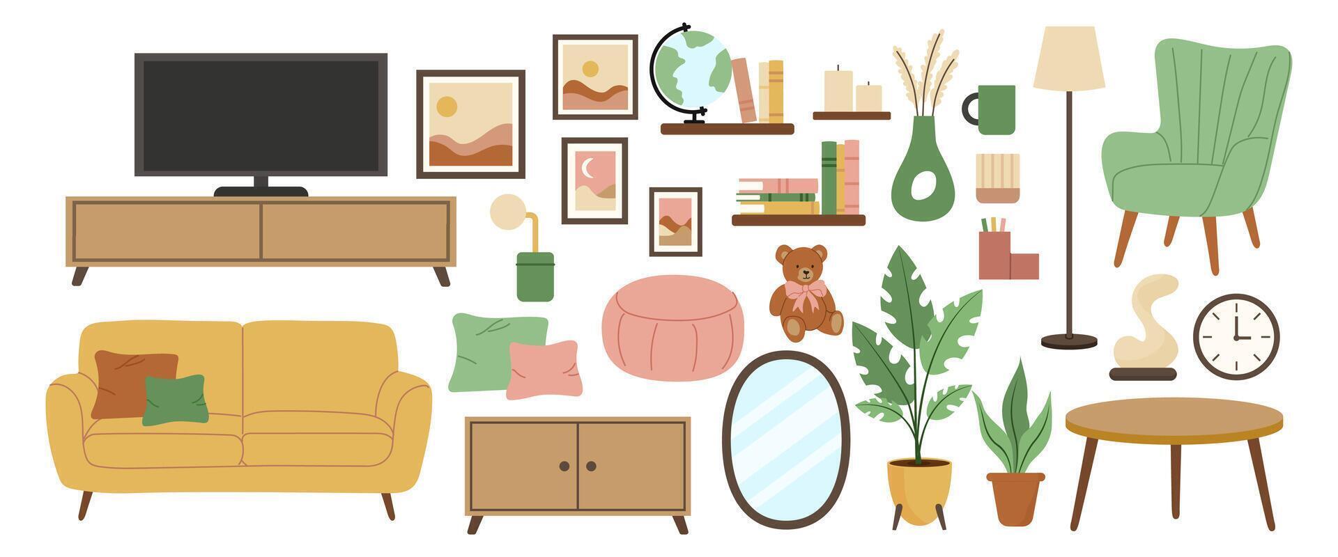 Furnishings and decorations in a living room setting with various items and colors displayed on a white background vector