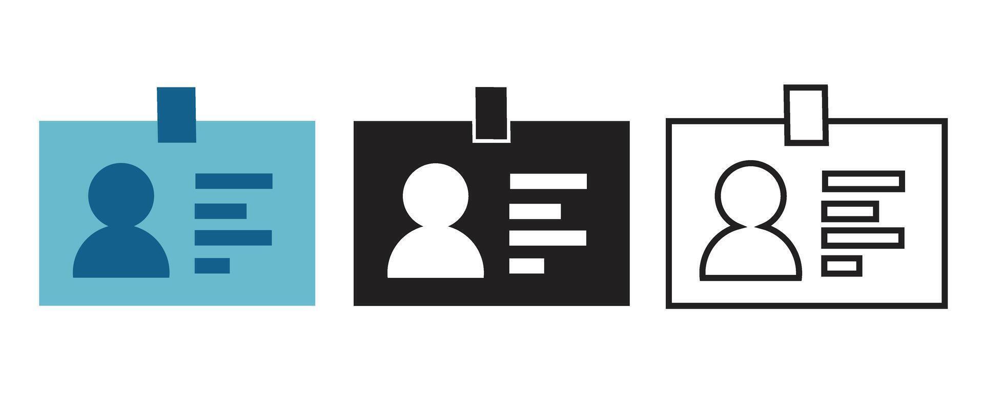 ID card icon set with flat, solid, and outline styles. identification badge symbol for employee profile, security access, corporate identity, and business verification systems. vector