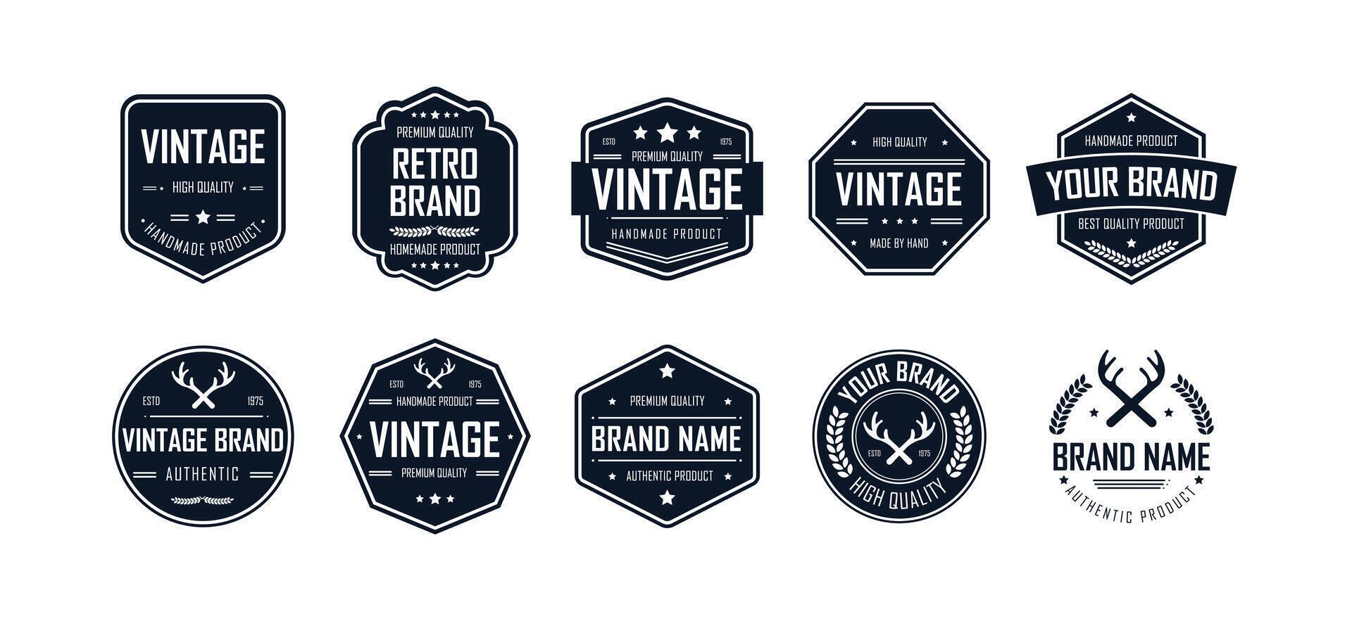 A collection of vintage logo designs represents premium quality and authentic craftsmanship. Each logo features distinct shapes and elements suitable for various branding needs. vector