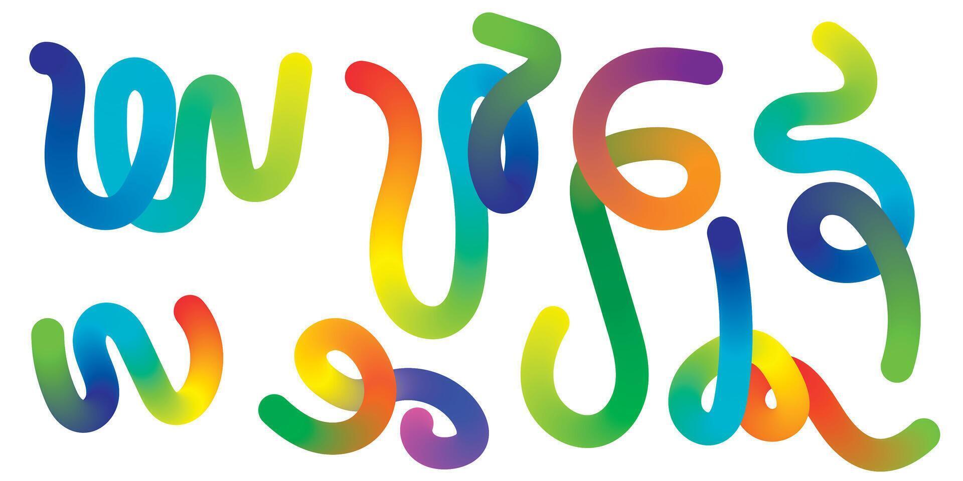 Abstract Lines with Gradient texture set. Wavy Color Shape Graphic Design. Background with Color Waves. Illustration of Squiggle Rainbow Ribbons. vector