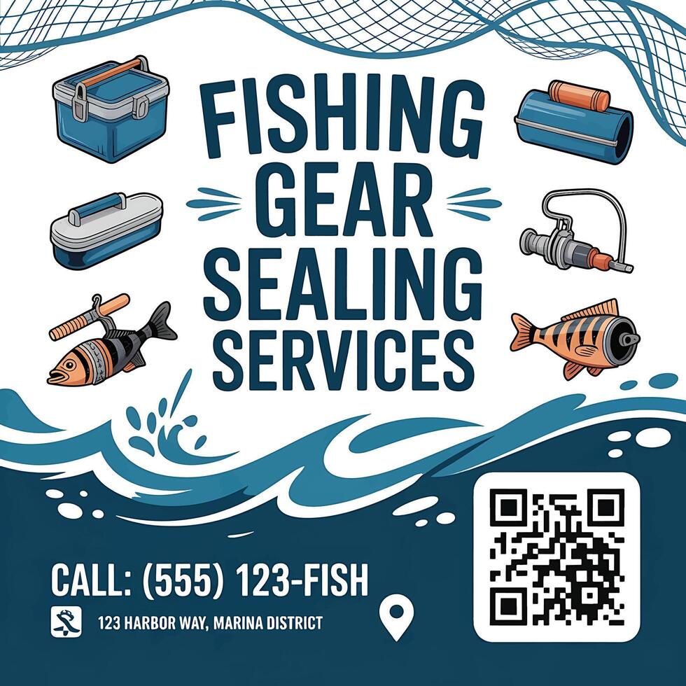fishing products sealing shop flyer design with QR code phone number address and map icon vector