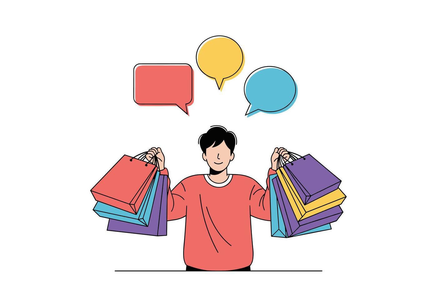 Person holds colorful shopping bags in both hands while speech bubbles float above representing a lively moment of shopping and conversation. vector