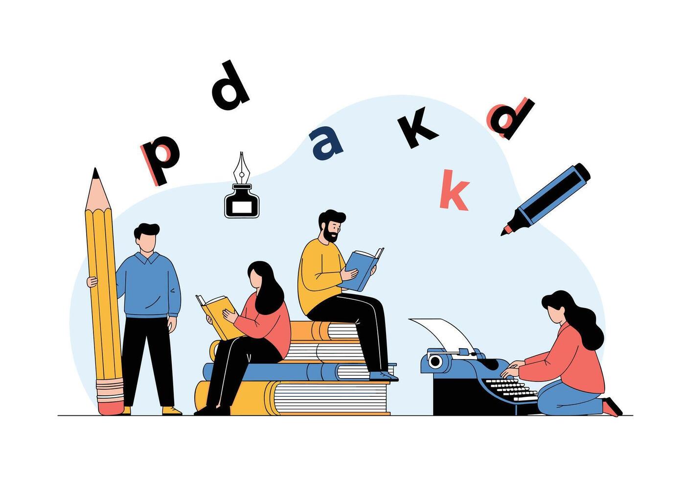 Students engage in reading writing and sketching around oversized pencils books and a typewriter in a bright creative study scene. vector