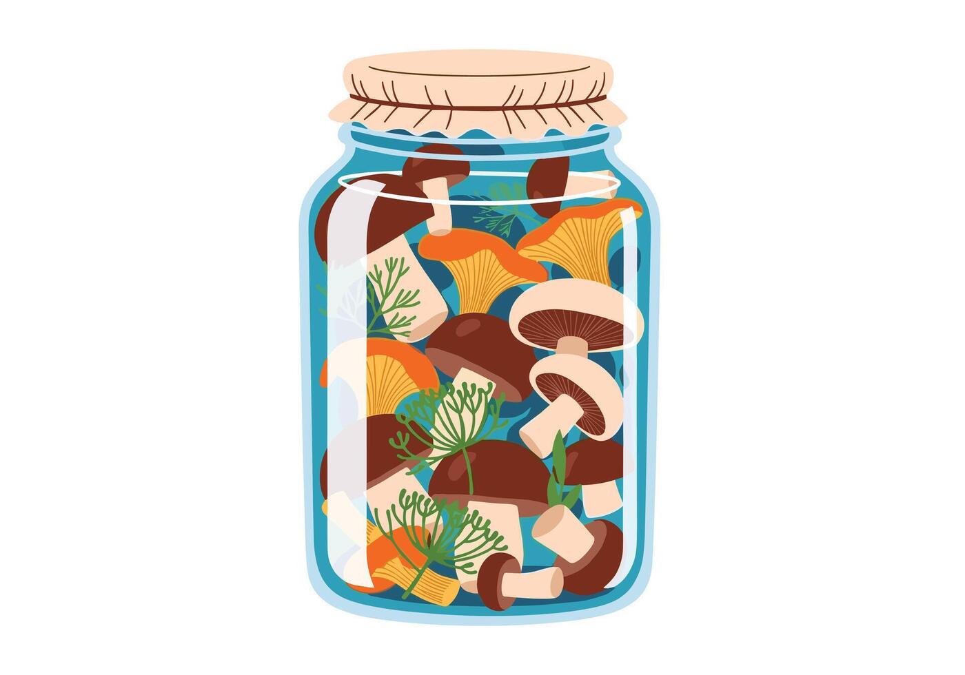 Mason jar holds a bright assortment of preserved mushrooms with herbs and greens visible through glass for a rustic pantry display and flavorful storage. vector