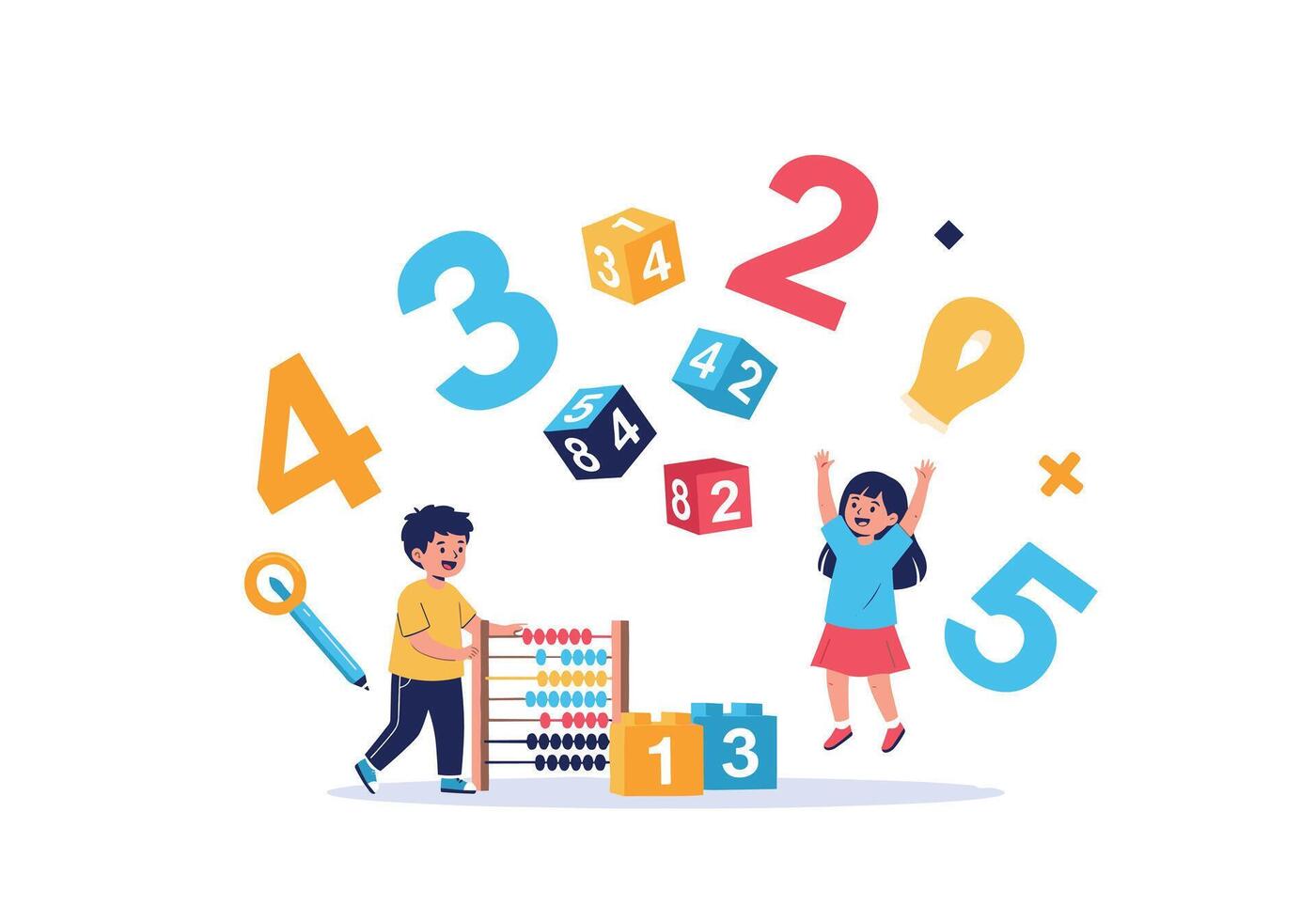 Children explore counting and number sense with colorful dice floating around an abacus as they play and learn in a bright classroom scene. vector