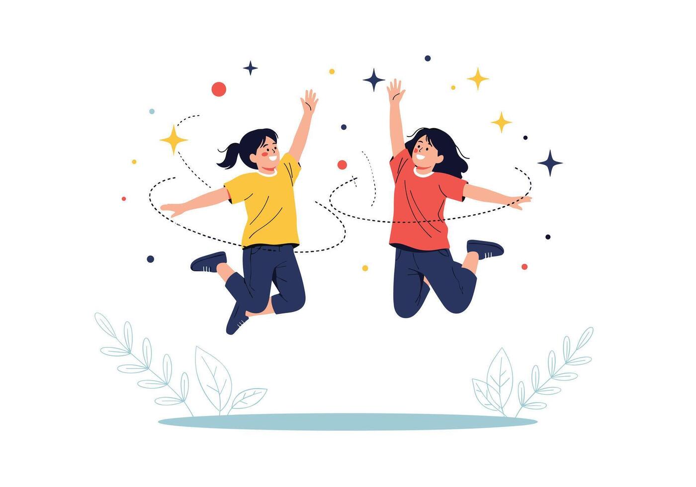 Two girls jump with arms raised in a bright celebration scene while colorful confetti and sparkles swirl around them in a playful outdoor setting. vector