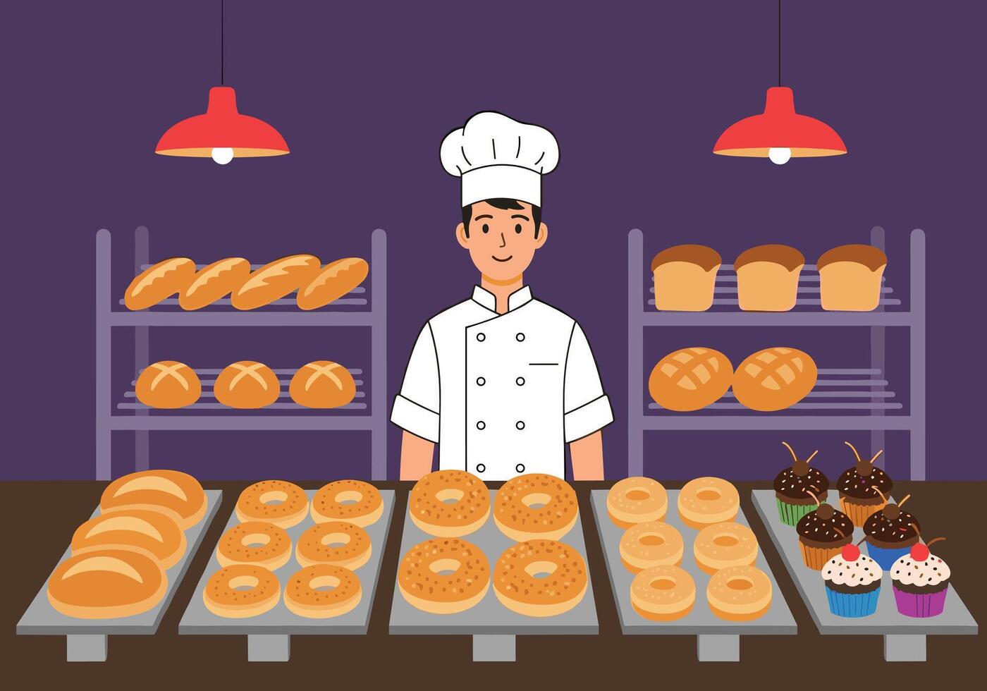 Professional chef stands behind a bakery counter displaying assorted breads pastries and cupcakes in a cozy shop setting. vector