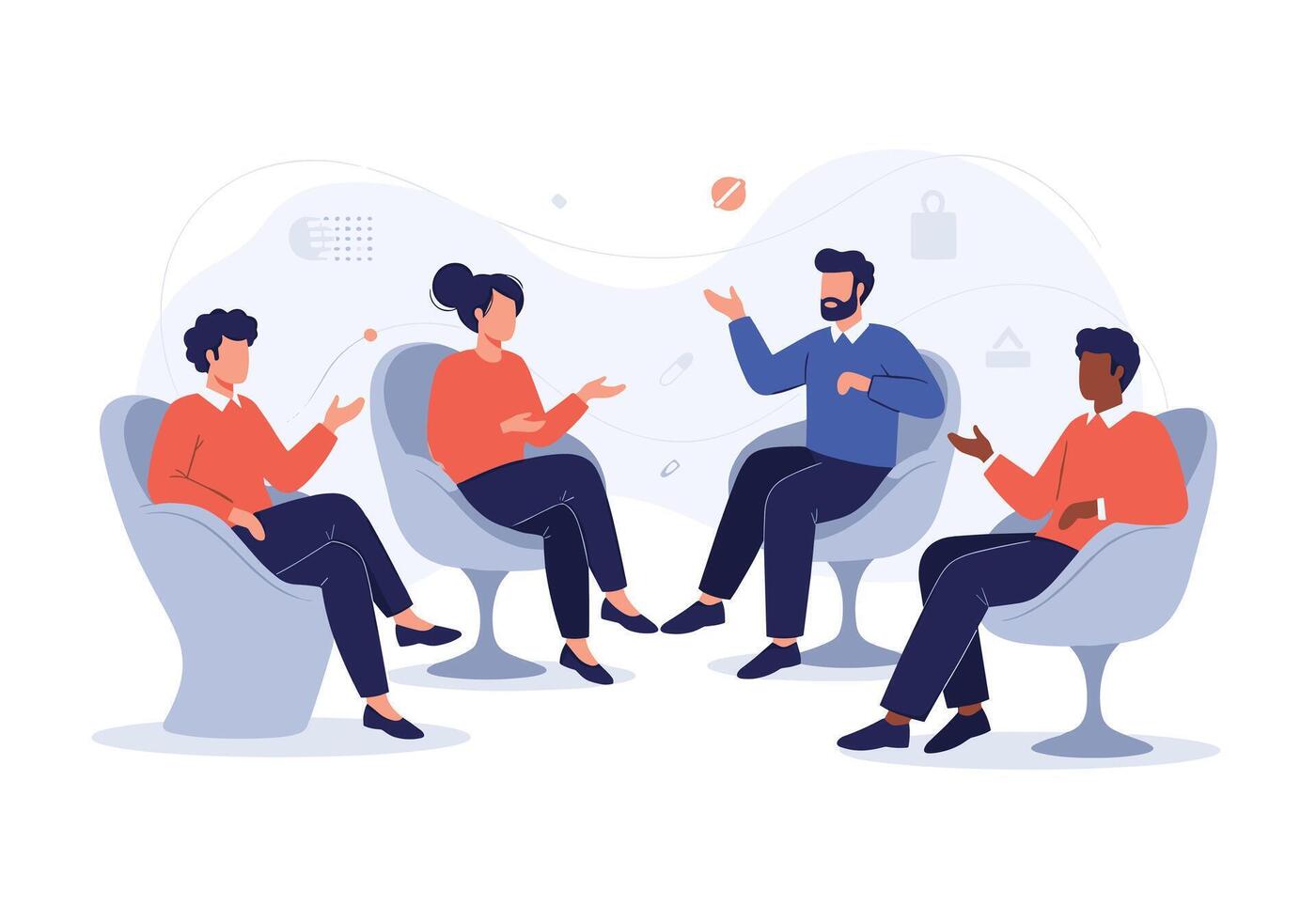 Four people seated in a circular discussion in a modern office setting sharing ideas and listening to each other during a collaborative group meeting. vector
