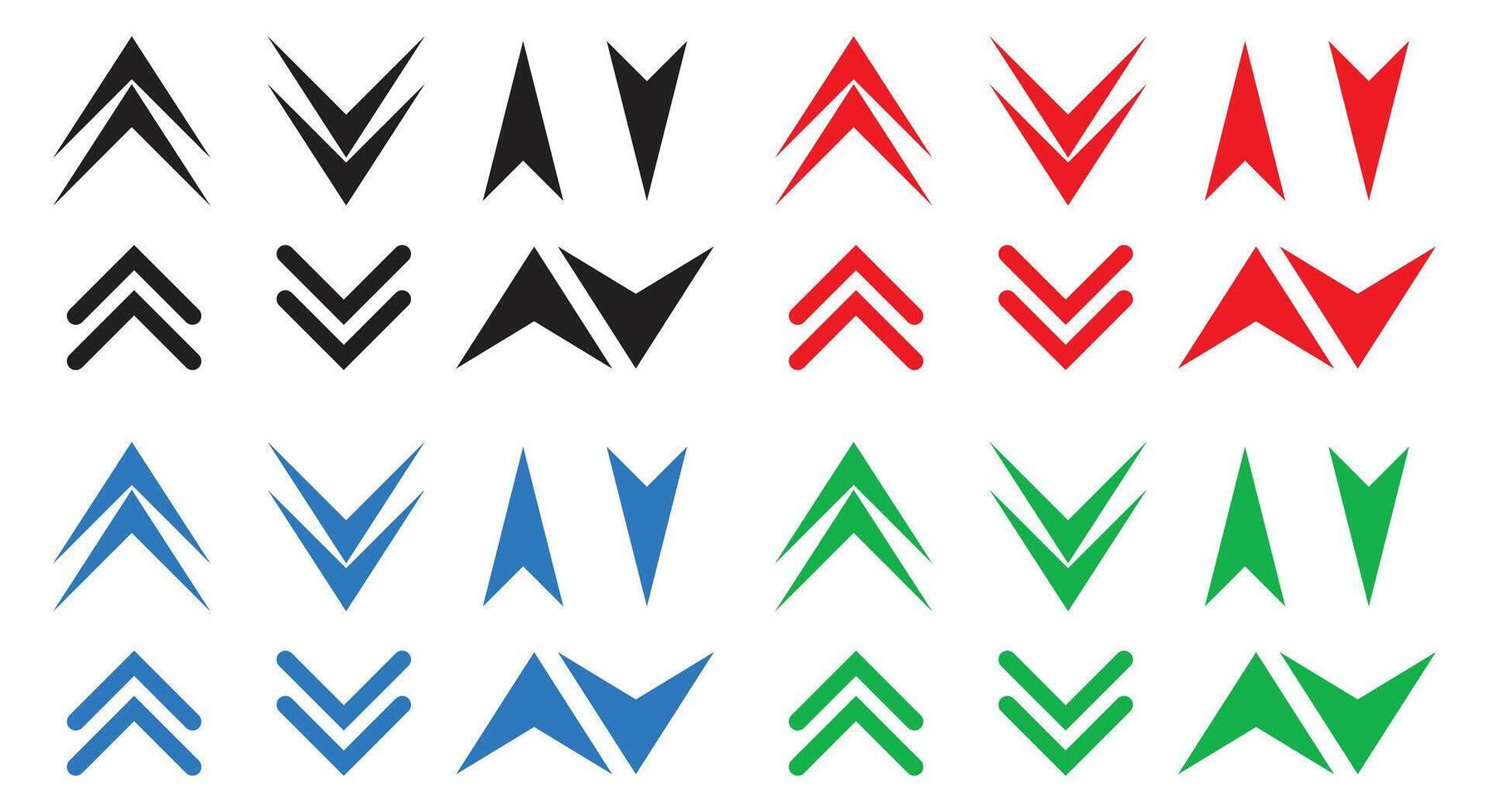 Multiple chevron arrow icons, black red blue and green colors, various up and down scroll indicators, modern navigation interface elements vector