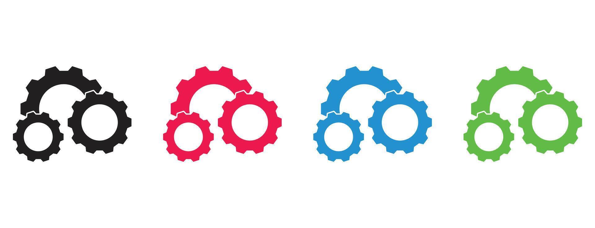 Interlocking gear icon set, multiple colored cogwheel mechanisms, teamwork process or industrial technology graphic, simple engineering system symbol vector