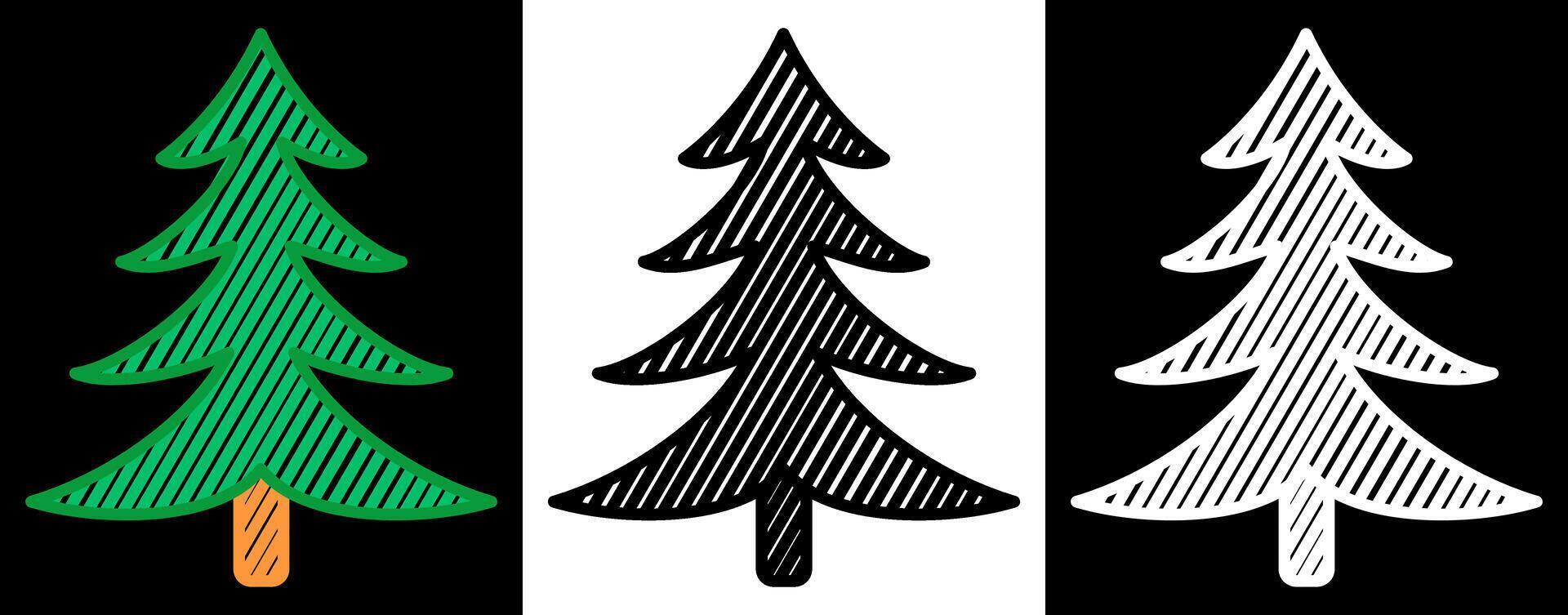 Fir tree line art set in outline sketch style. Hand drawn doodle trees presented in black and white and colorful filled variations, isolated collection. vector