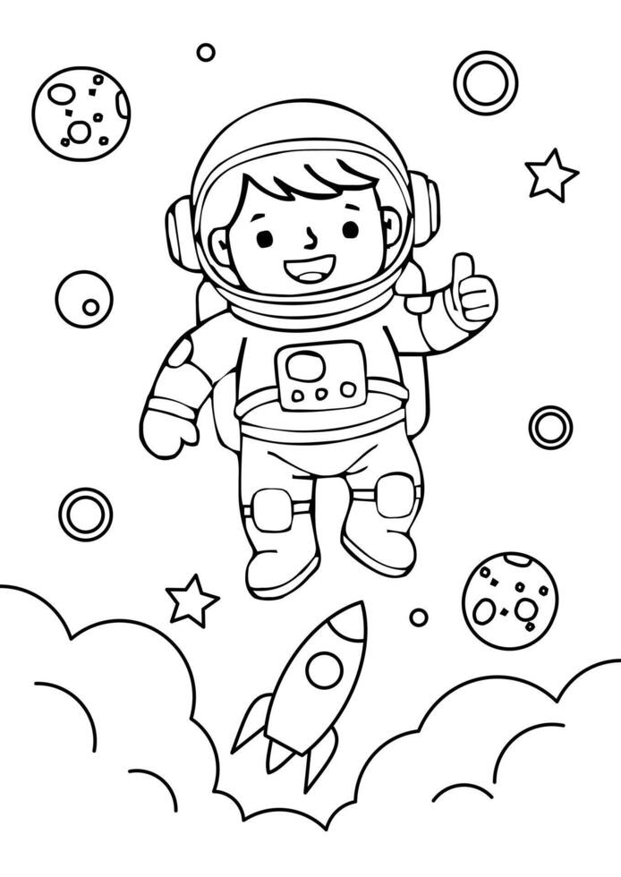 A delightful, easy to color printable worksheet featuring a happy astronaut floating in space with planets and a rocket vector