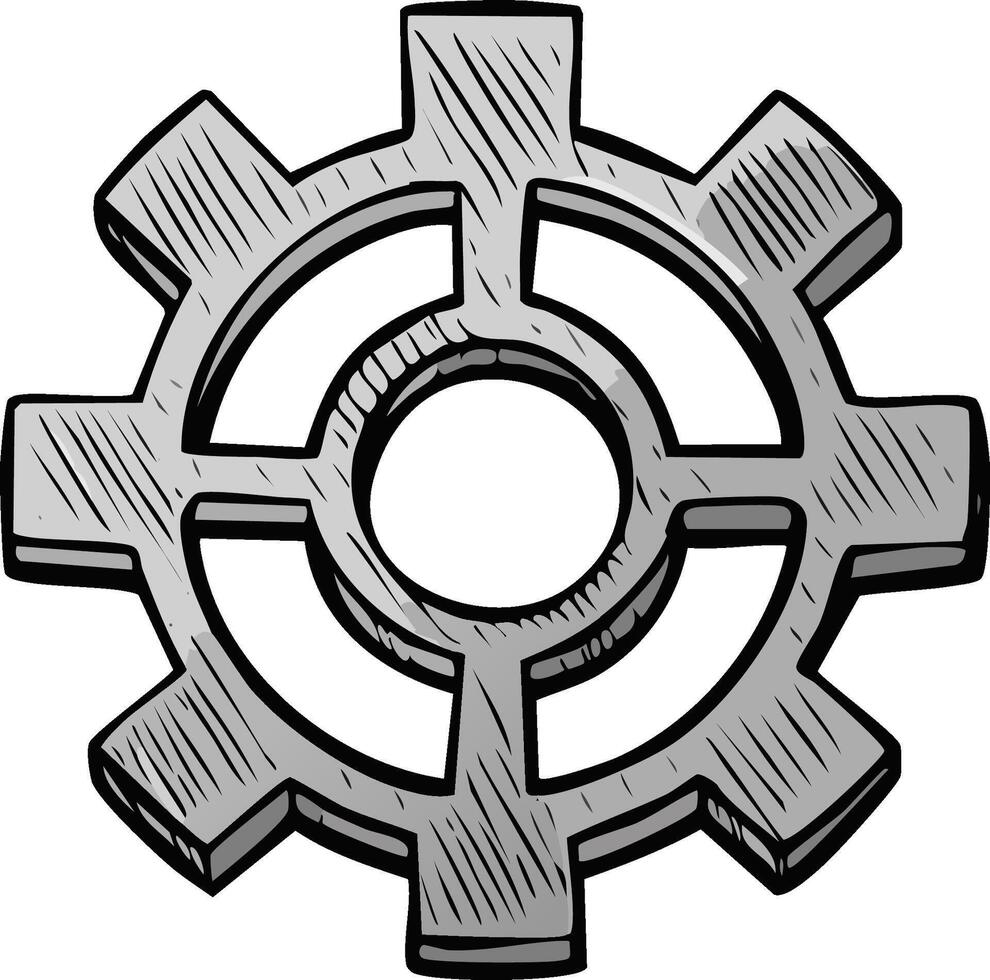 Hand drawn gear illustration gray color. Mechanism cogwheel with circular design. Symbol of technology, progress, teamwork concept on white background vector