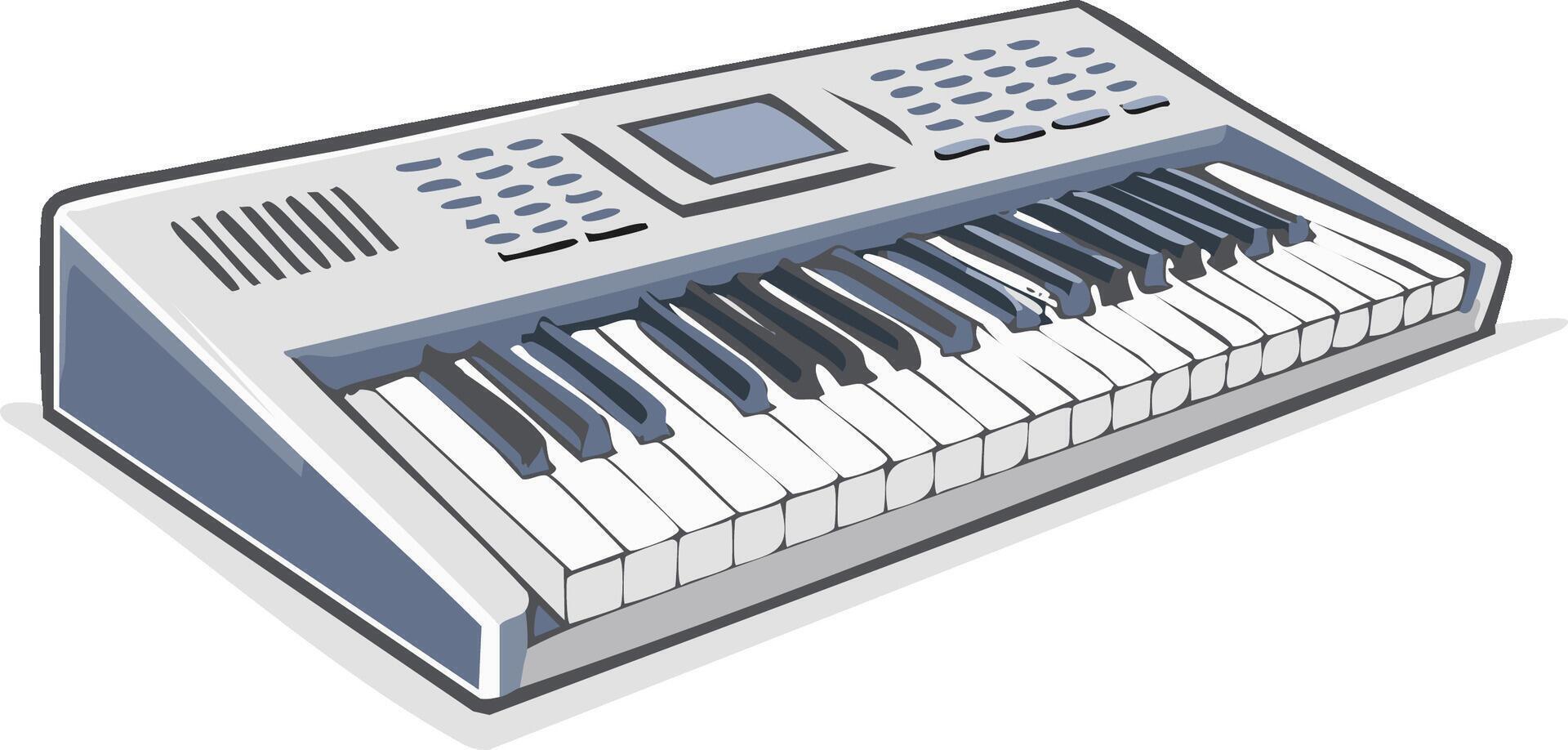 Keyboard synthesizer graphic with black and white keys, digital interface and control panel for music production vector