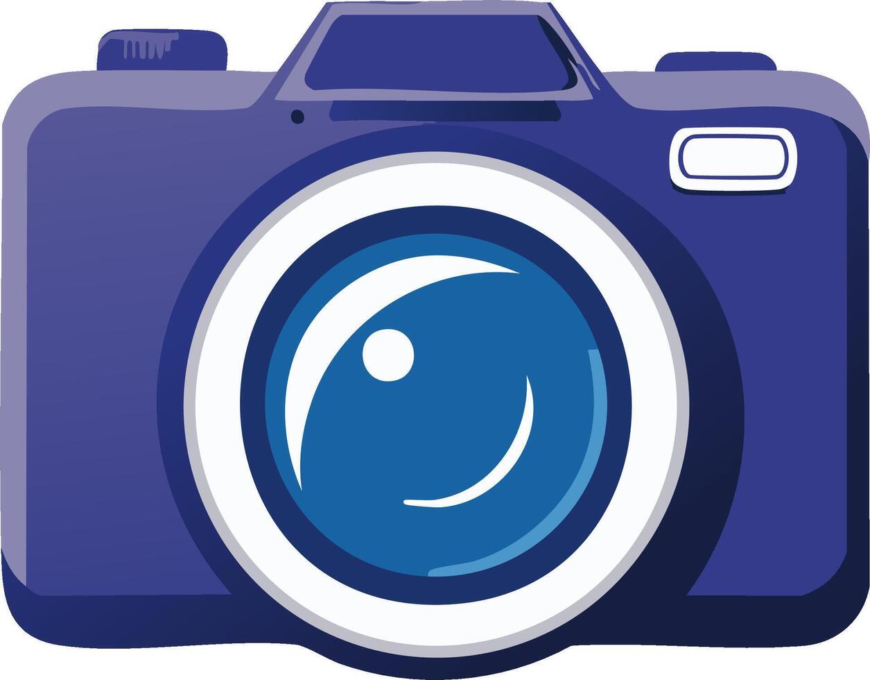 illustration of a vintage style camera with a lens, flash mount, and shutter speed dial in a blue color scheme vector