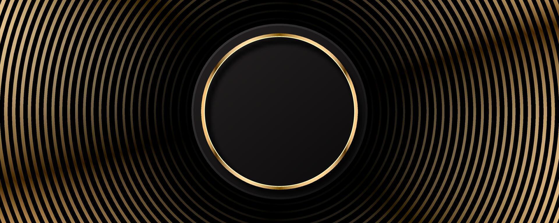 3D black luxury abstract background overlap layer on bright space with golden circles lines decoration. Modern graphic design element stripes style concept for web, art, flyer, card, or brochure cover vector
