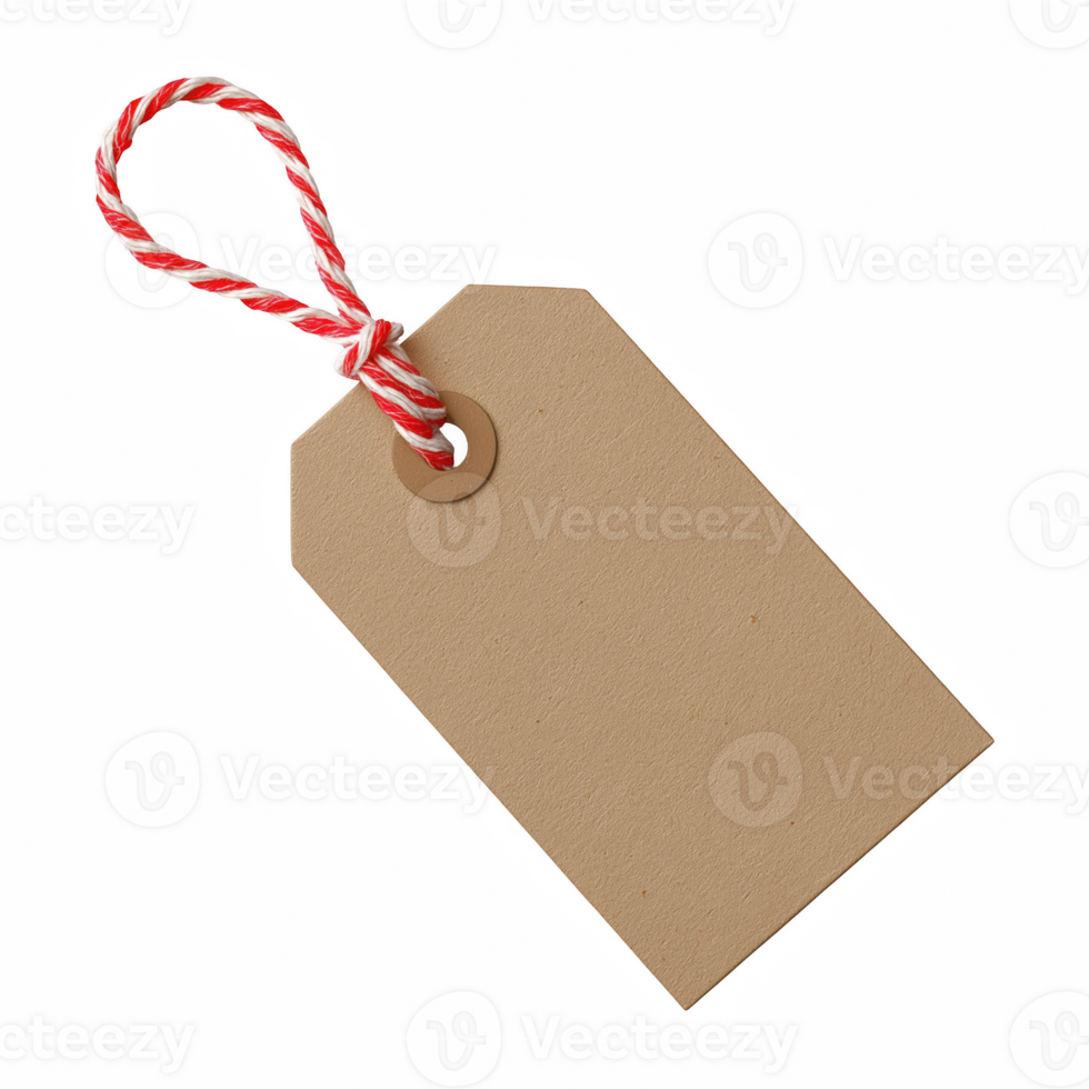 Blank kraft paper hang tag with red and white string loop isolated on transparent background. png