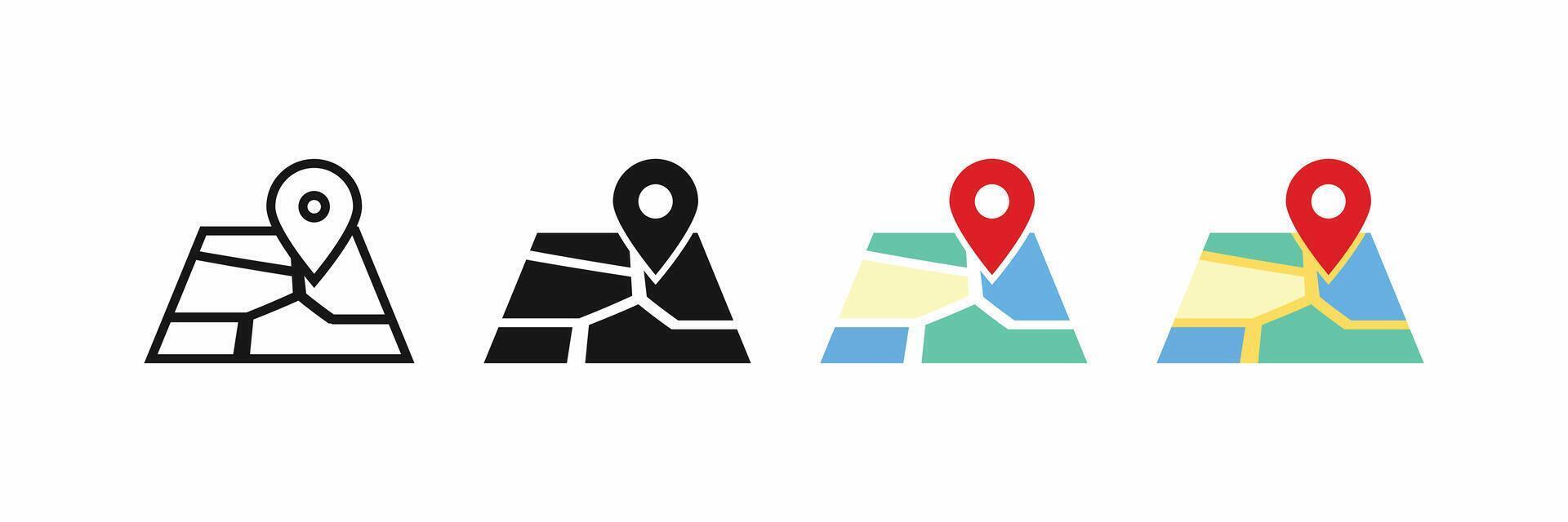 Pin location on map icon set, featuring navigation marker on segmented land. Includes color, black silhouette, and outline versions. Ideal for GPS, real estate, travel vector