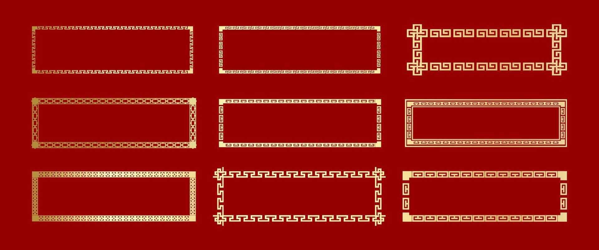 Golden Chinese border frame collection with traditional geometric patterns for luxury packaging invitation design festive background branding layout and oriental decorative graphic elements vector