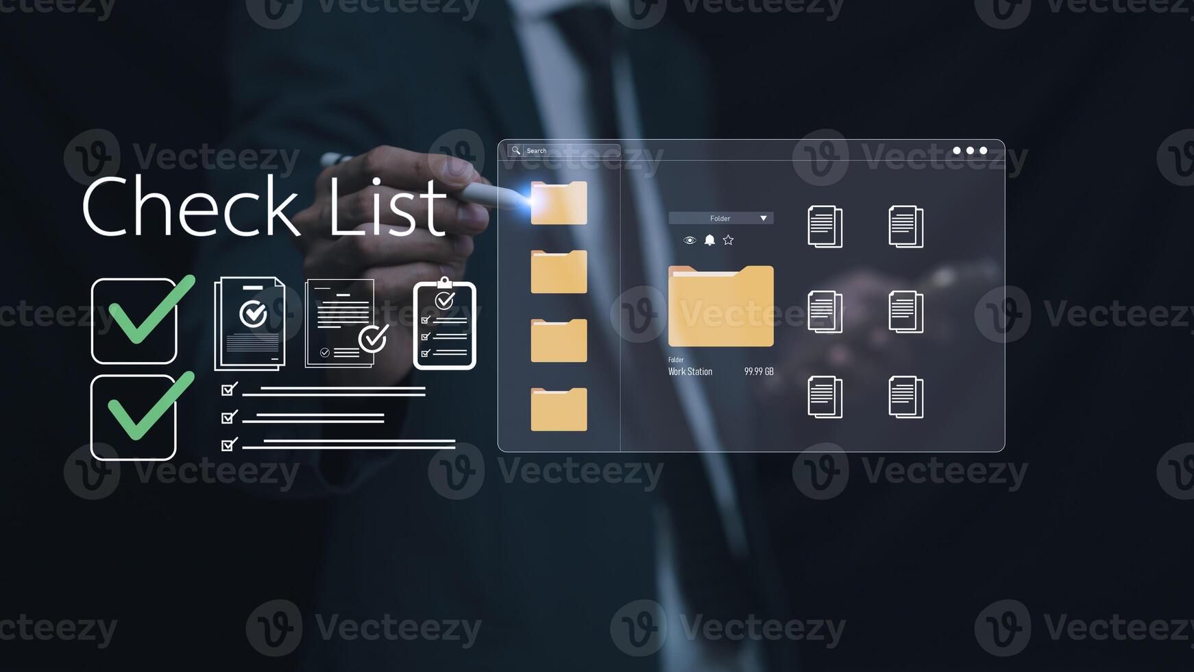 A digital checklist concept featuring glowing check marks, documents, and digital folders, symbolizing task management, productivity, workflow organization, and efficient digital filing systems photo