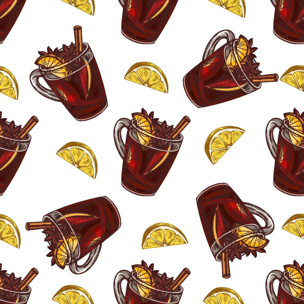 Hand drawn vintage seamless pattern of mulled wine with lemon and cinnamon in color on white background vector