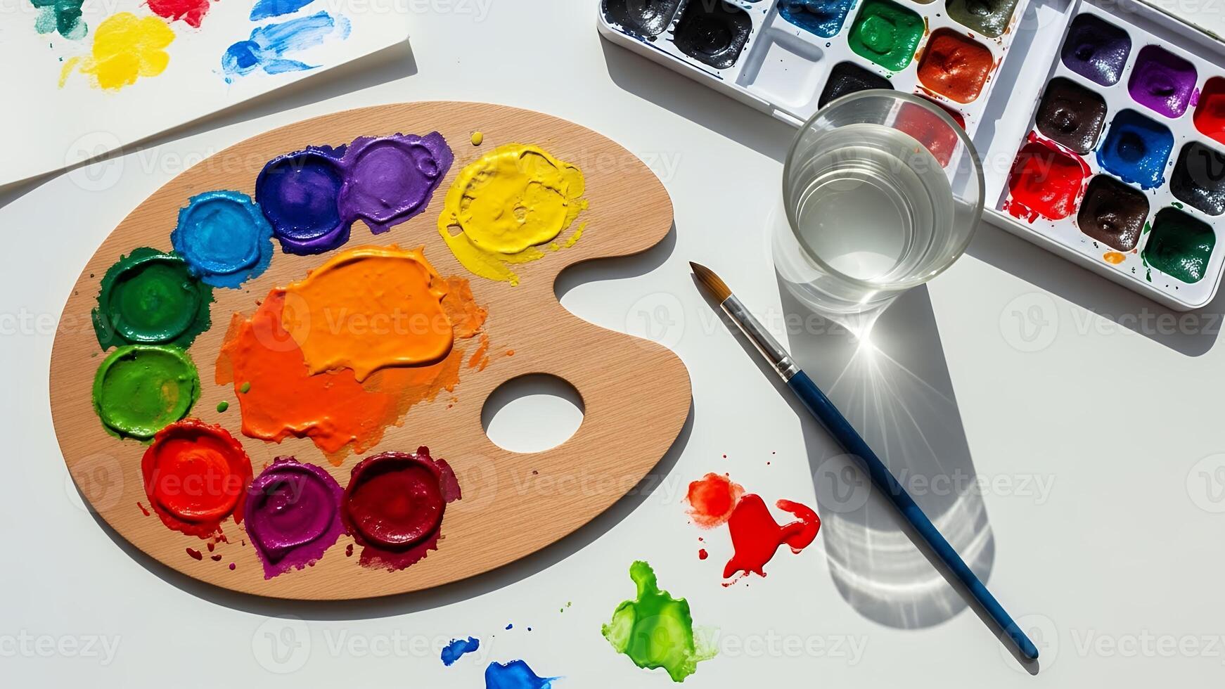 Overhead View of Artists Workspace with Colorful Paints and Tools photo