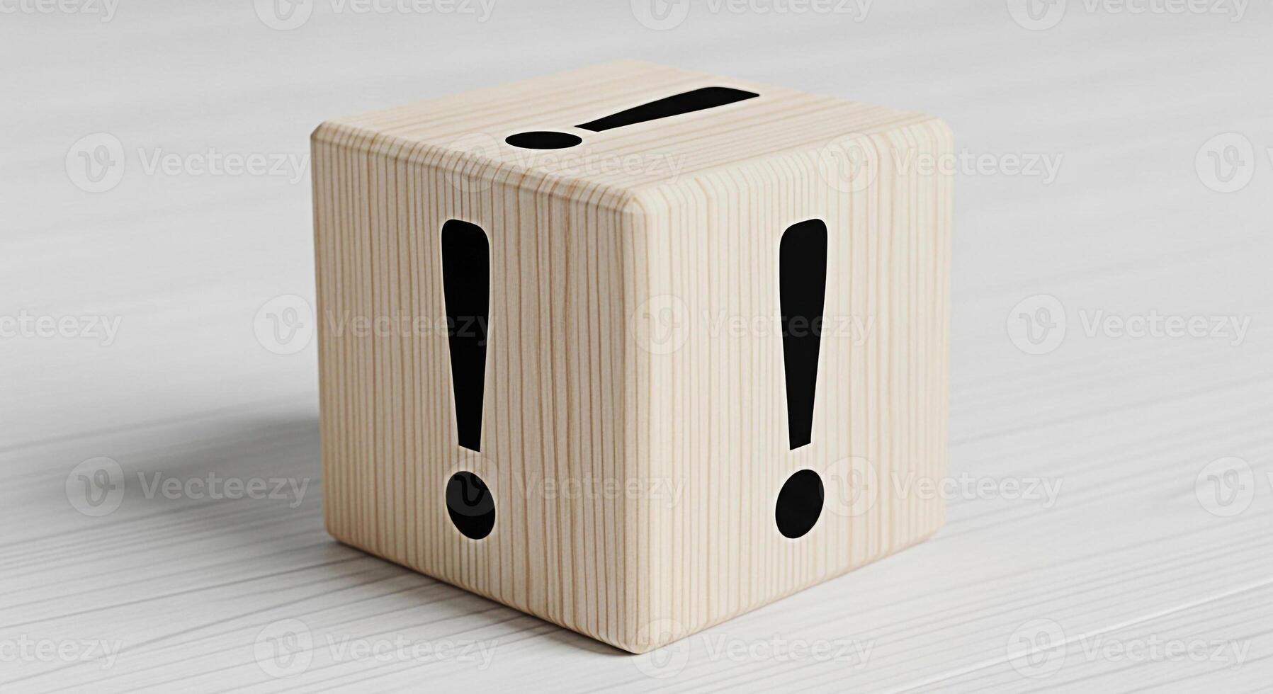 Wooden cube displaying exclamation marks on a white wooden surface symbolizing attention warning and importance in a minimalist and clean setting ideal for educational or informational content photo