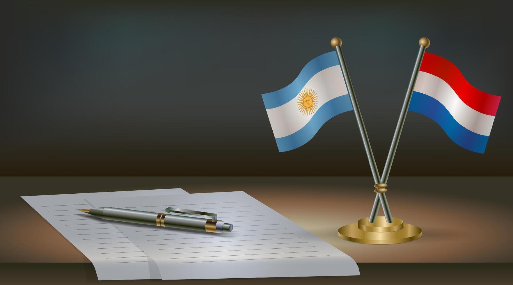 Argentina and Netherlands flags on table in office. International relations on a dark gradient color background. vector