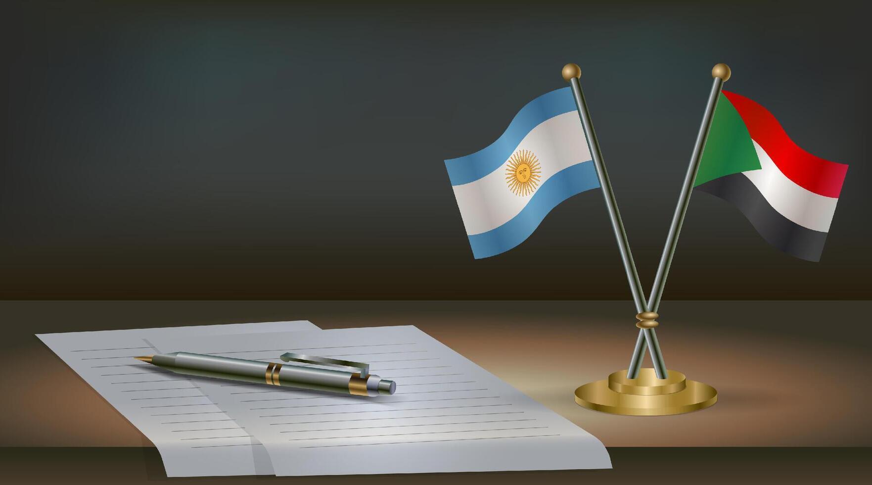 Argentina and Sudan flags on table in office. International relations on a dark gradient color background. vector