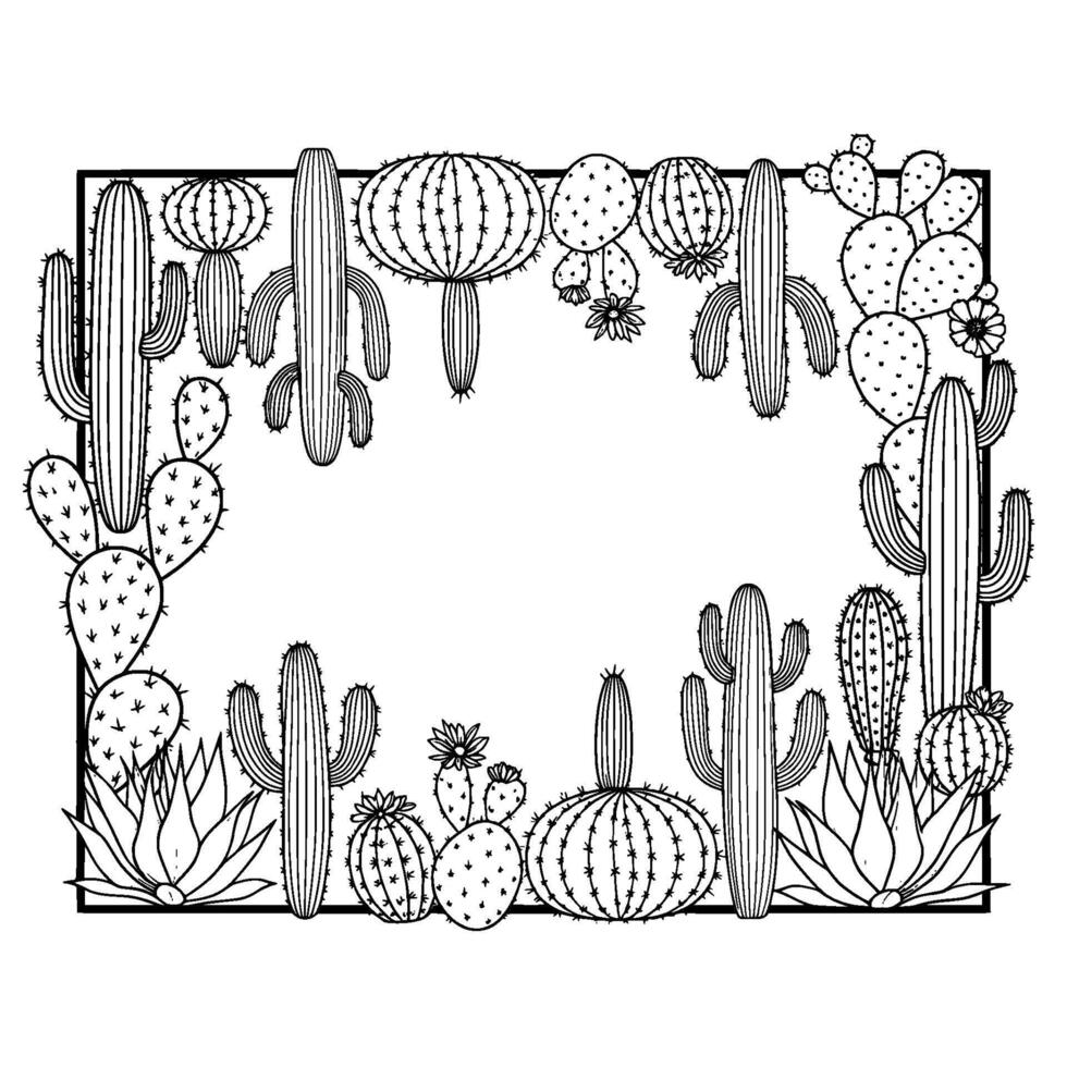 A minimalist line art border featuring an assortment of varied cacti and succulent plants framing a central empty rectangular space vector