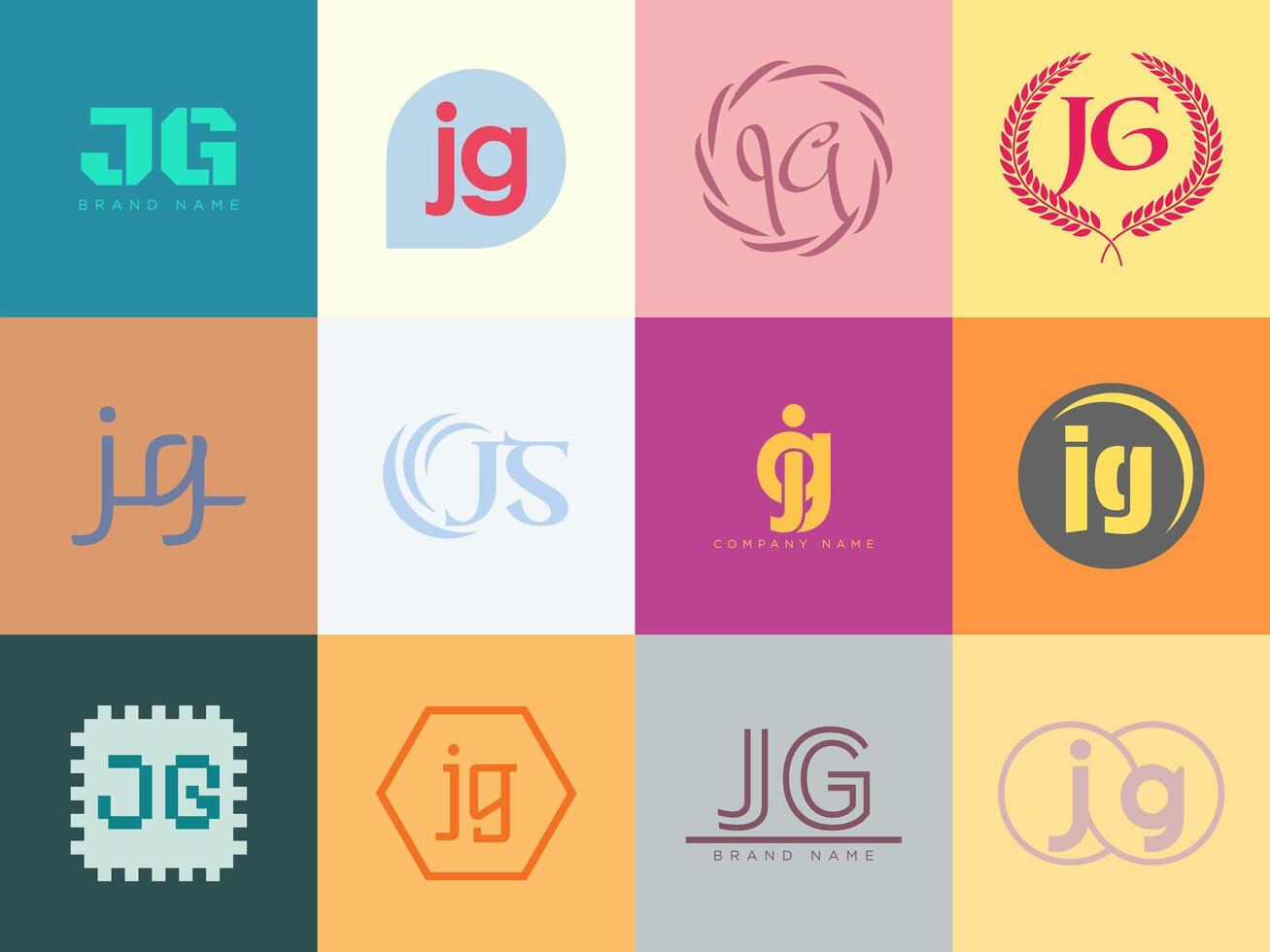 JG logo template. Letter j and g logotype. Set different classic serif lettering and modern bold text with design elements. Initial font typography. vector