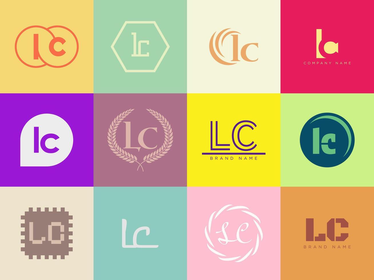 LC logo template. Letter l and c logotype. Set different classic serif lettering and modern bold text with design elements. Initial font typography. vector