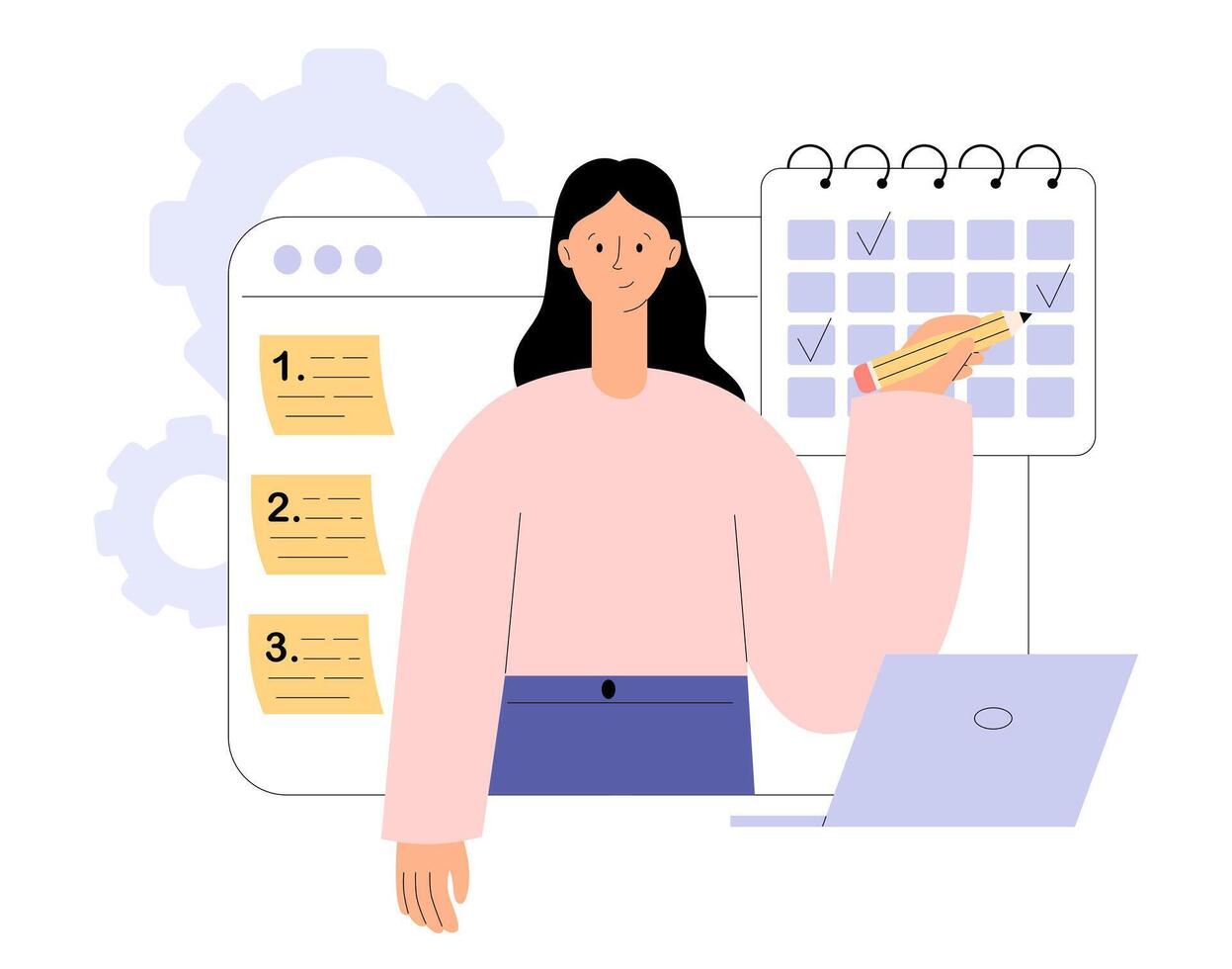 Schedule planning online. Woman character planning work tasks, filling check list, making schedule using calendar. Time management, self management, productivity at work. Flat illustration vector