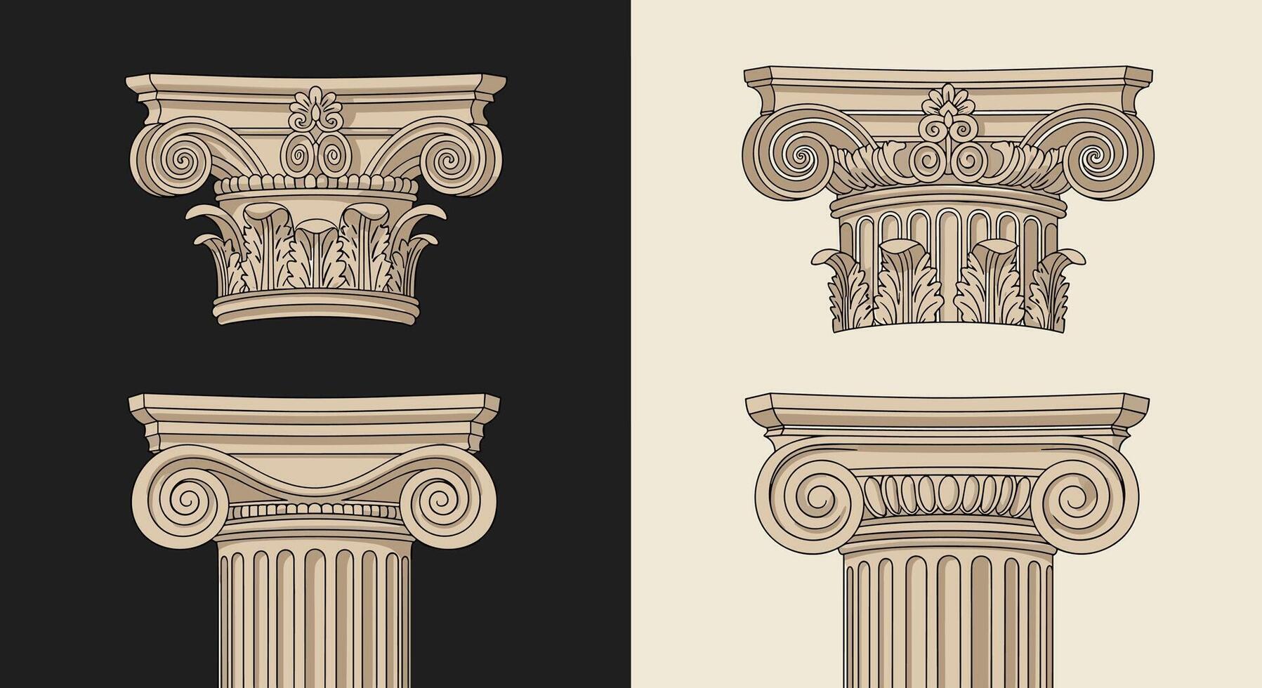 Detailed classical architectural columns of the Ionic and Corinthian orders shown in a vintage engraved style on dark and light backgrounds. vector