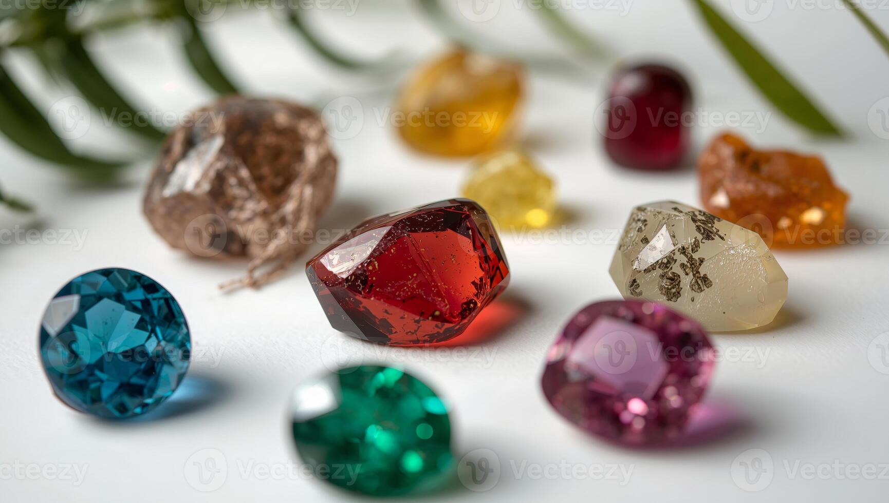 Assorted Faceted Gems. A Study in Color, Light, and Texture, Arranged on a White Surface. photo