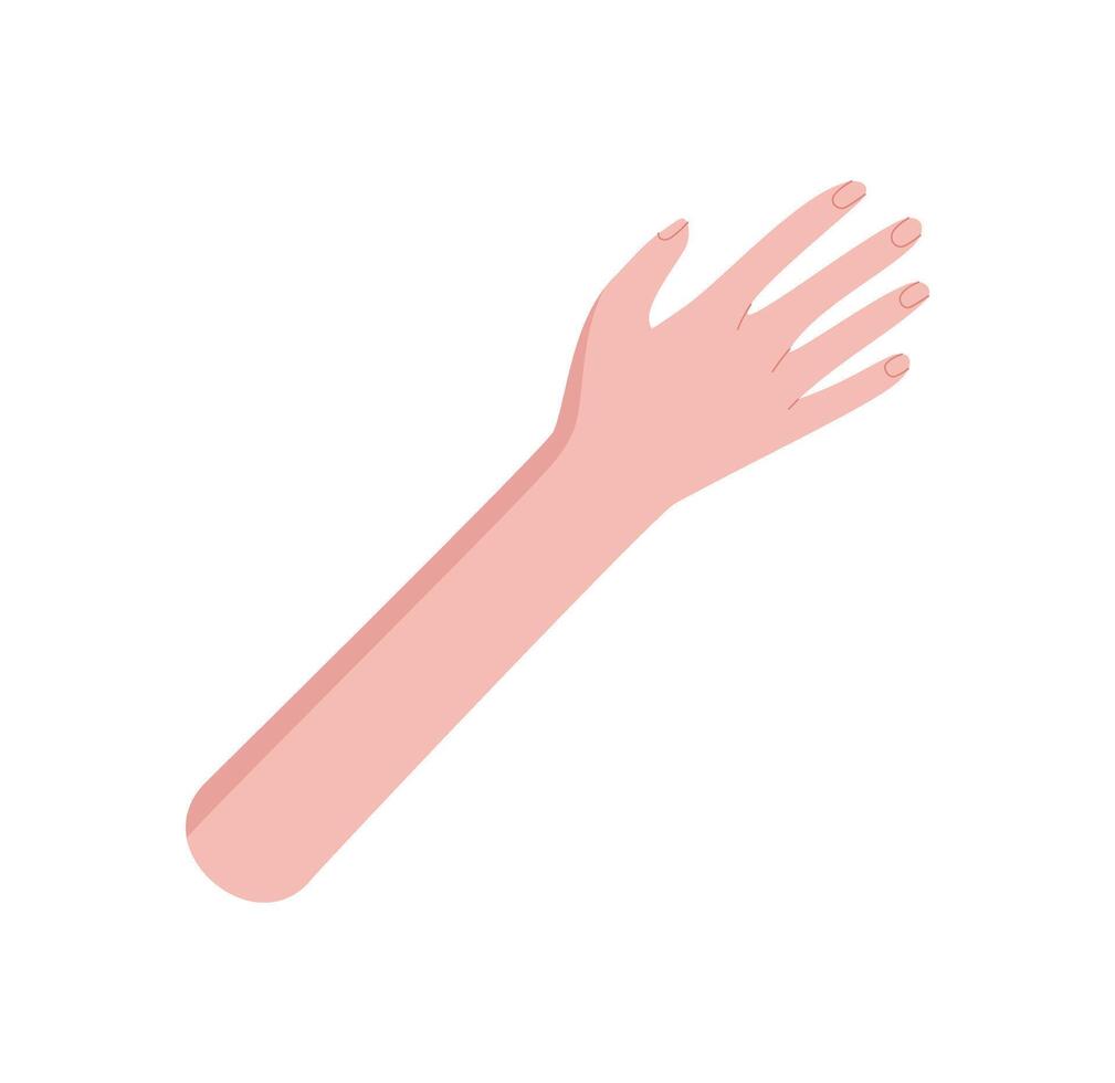Flat colorful open human hand with raised arm and extended fingers. Gesturing palm symbolizing help, gesture of care, and aid. Abstract symbol with bright style, ideal for creative templates or vector