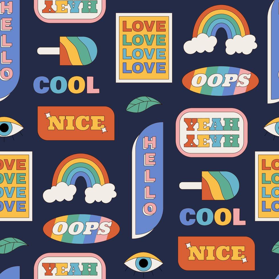 Groovy seamless pattern in retro y2k cartoon graphic style. Playful sticker elements and fun colorful background combine cool shapes in this vibrant composition. Trendy surface, cheerful vector
