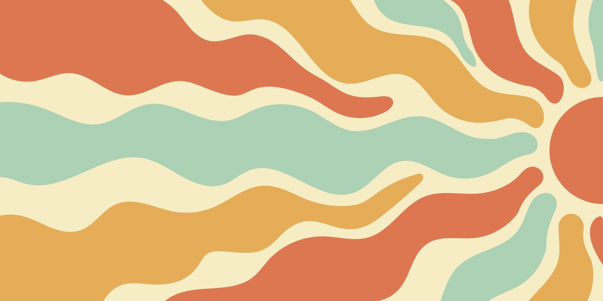 Groovy retro sun with orange and yellow burst ray in flat style. Sunshine wave as y2k abstract background, playful and bold, with bright energetic color in a horizontal format. vector