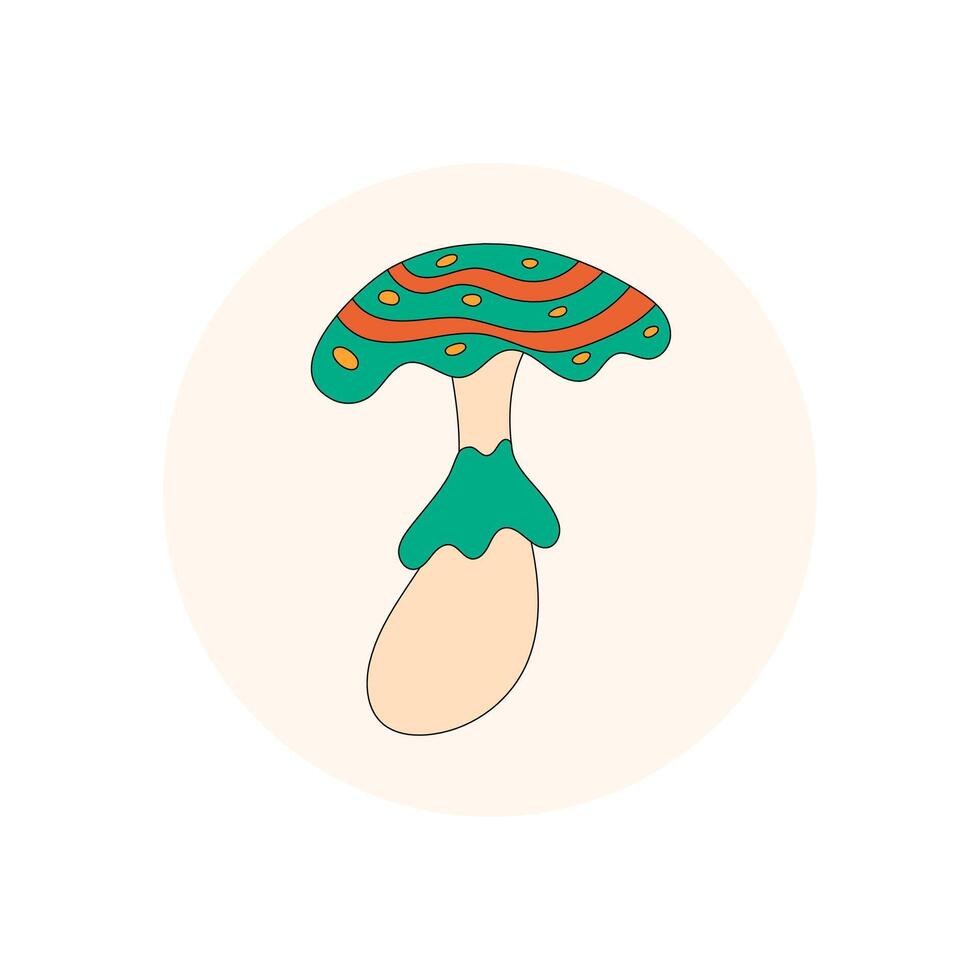 Retro groovy flat mushroom shape as a colorful sticker label. Y2k shroom in a circle, perfect as seal for package, box or lid. Vibrant pop accent with fun flat visual for product or creative vector