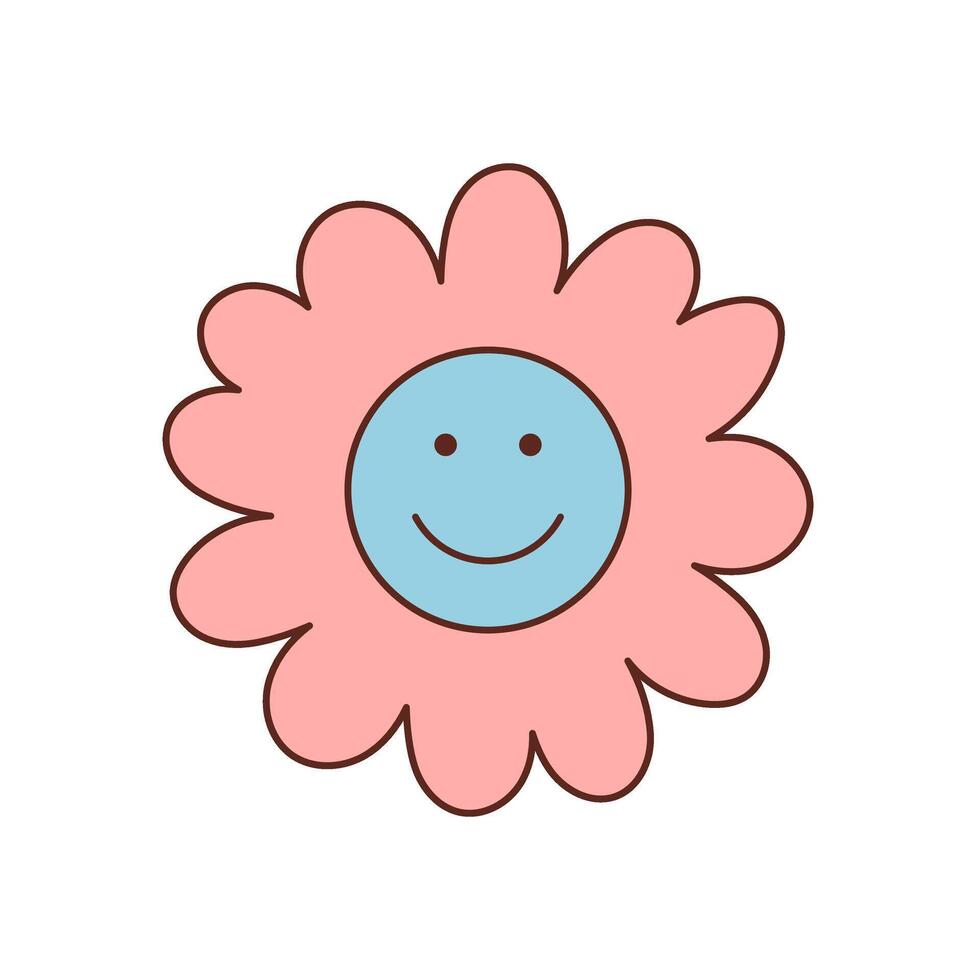 Groovy retro flower with happy smile in cute cartoon graphic style. Funky pink and blue colors add y2k vibe to this groovy element, creating a fun and positive mood for playful decorative concepts. vector