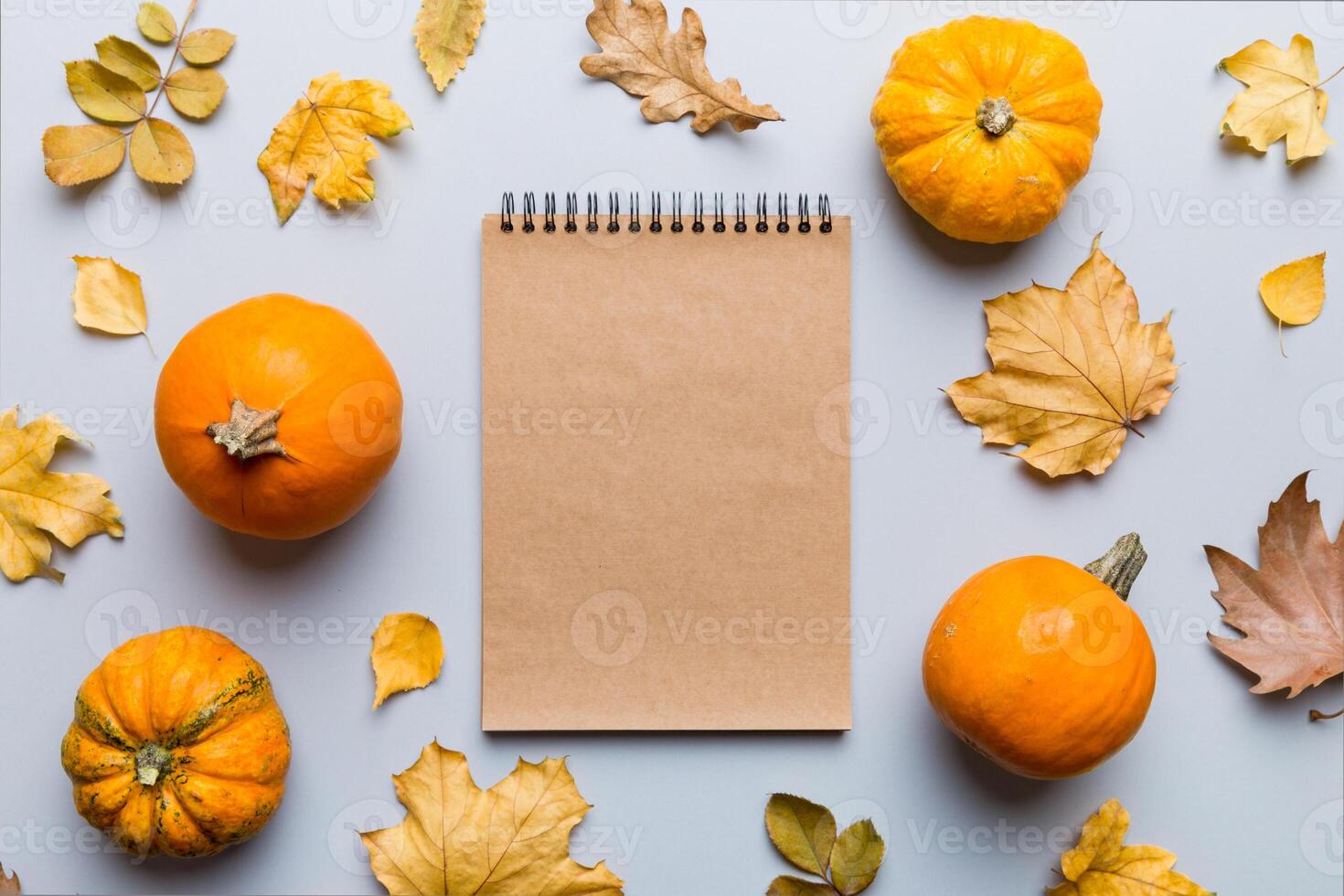 Autumn composition fallen leaves notebook mock up on colored background. Top view. Flat lay with copy space photo