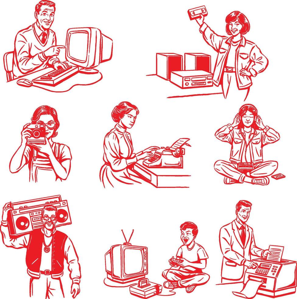 Illustrations of retro characters interacting with analog devices like boombox, VHS, floppy disk, typewriter, and rotary phone. vector