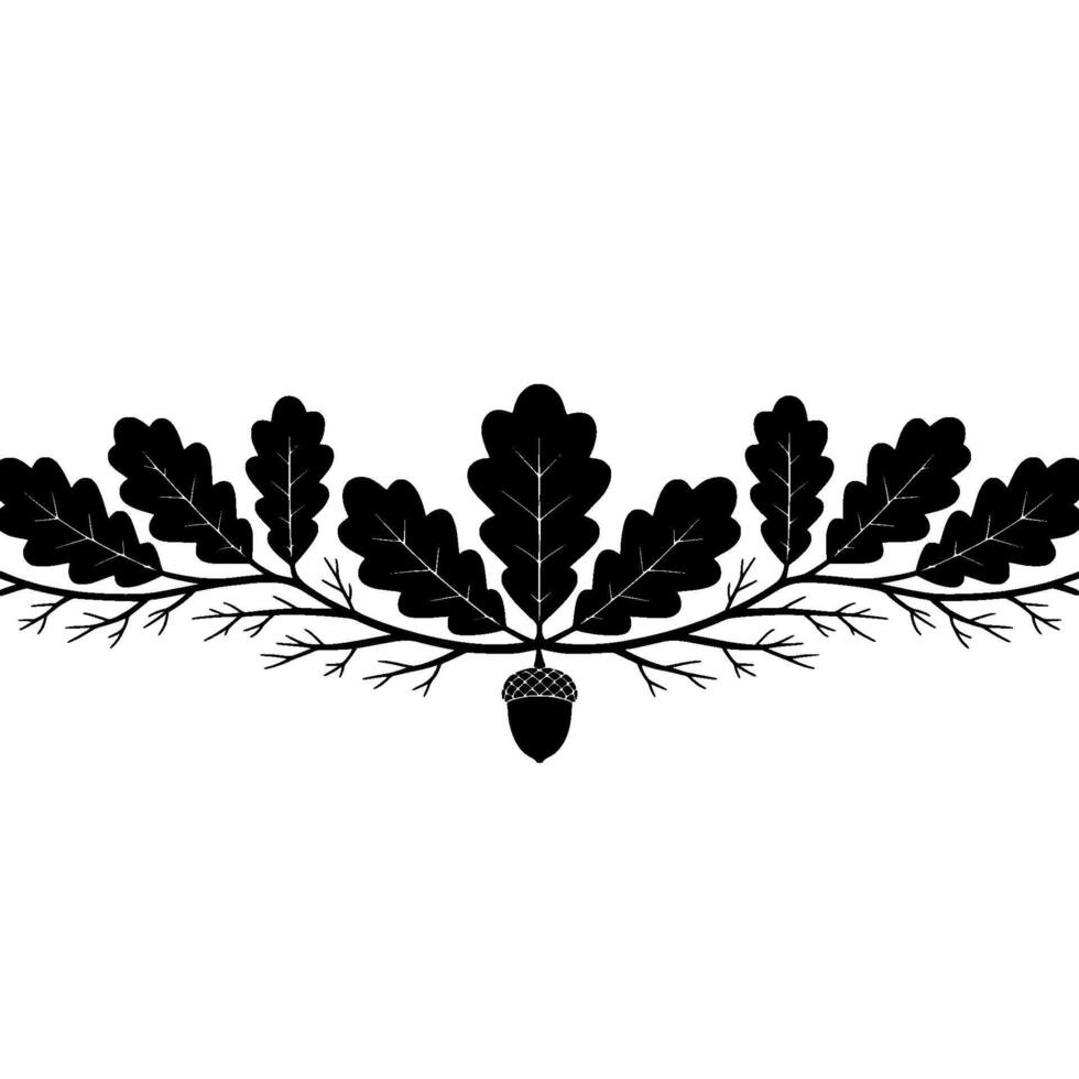 A striking silhouette of an oak branch adorned with multiple oak leaves and a single acorn centered at the bottom vector