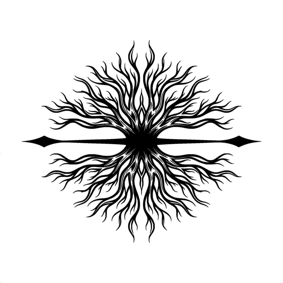 A striking illustration of a stylized organic root system or fiery abstract pattern radiating from a central dark core vector