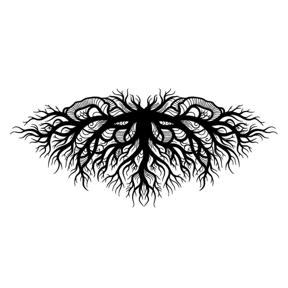 Intricate silhouette of a stylized tree root system or organic growth pattern with decorative swirling lines and patterns isolated vector