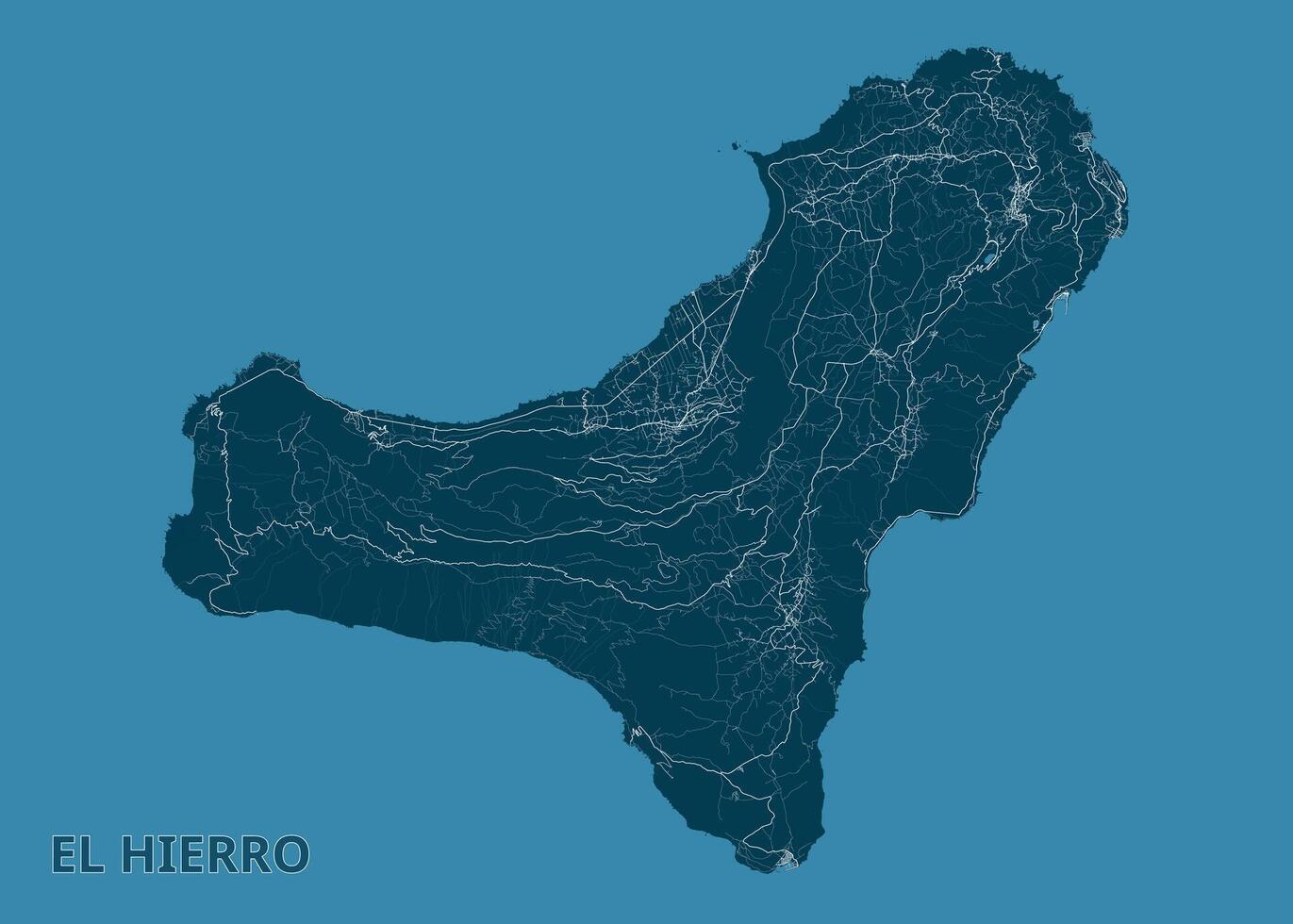 Map of El Hierro island, rendered in shades of blue. The island's shape is clearly defined, with intricate details of roads and geographical features visible. The background is a solid blue color. vector