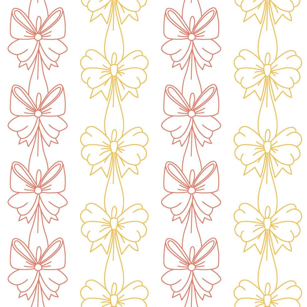 Seamless two-tone outline pattern with elegant fluffy bows tied vertically with ribbons. Yellow, red Graphic texture in form of lines, suitable for decorating gift paper, festive fabric, invitations vector